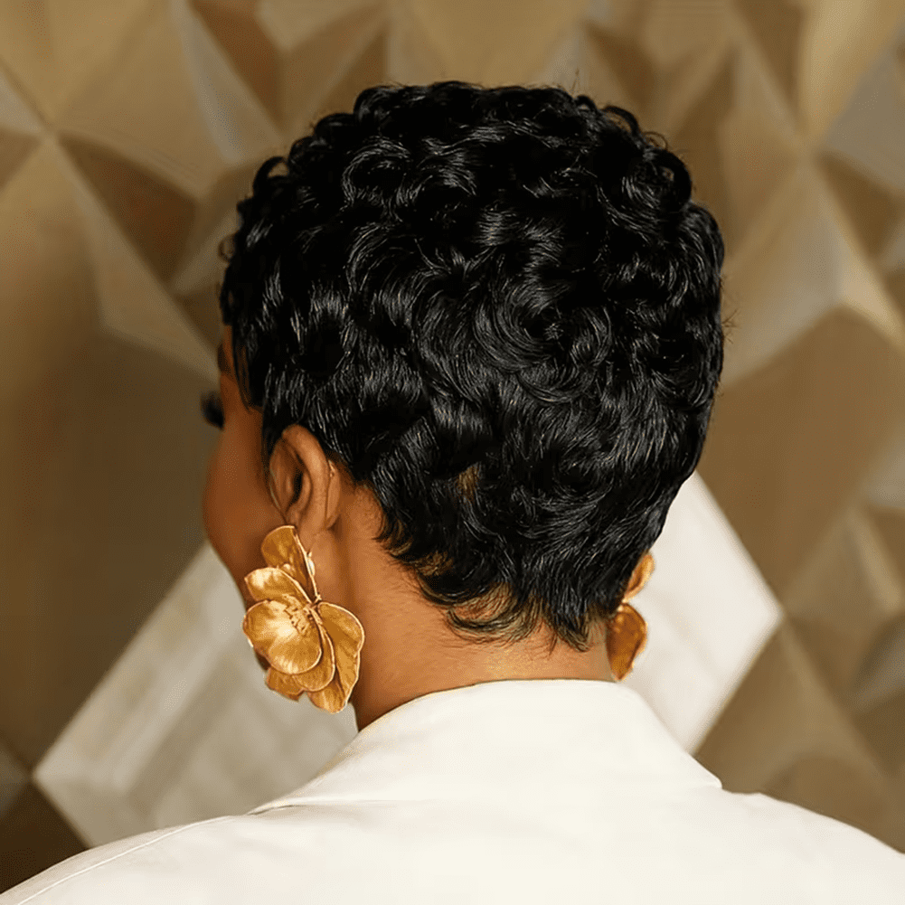 Short Pixie Cut Wig Human Hair Glueless Pixie Cut Wigs Layered Curly Wavy Full Machine Made Wigs With Bangs Natural Black Color for Daily Use