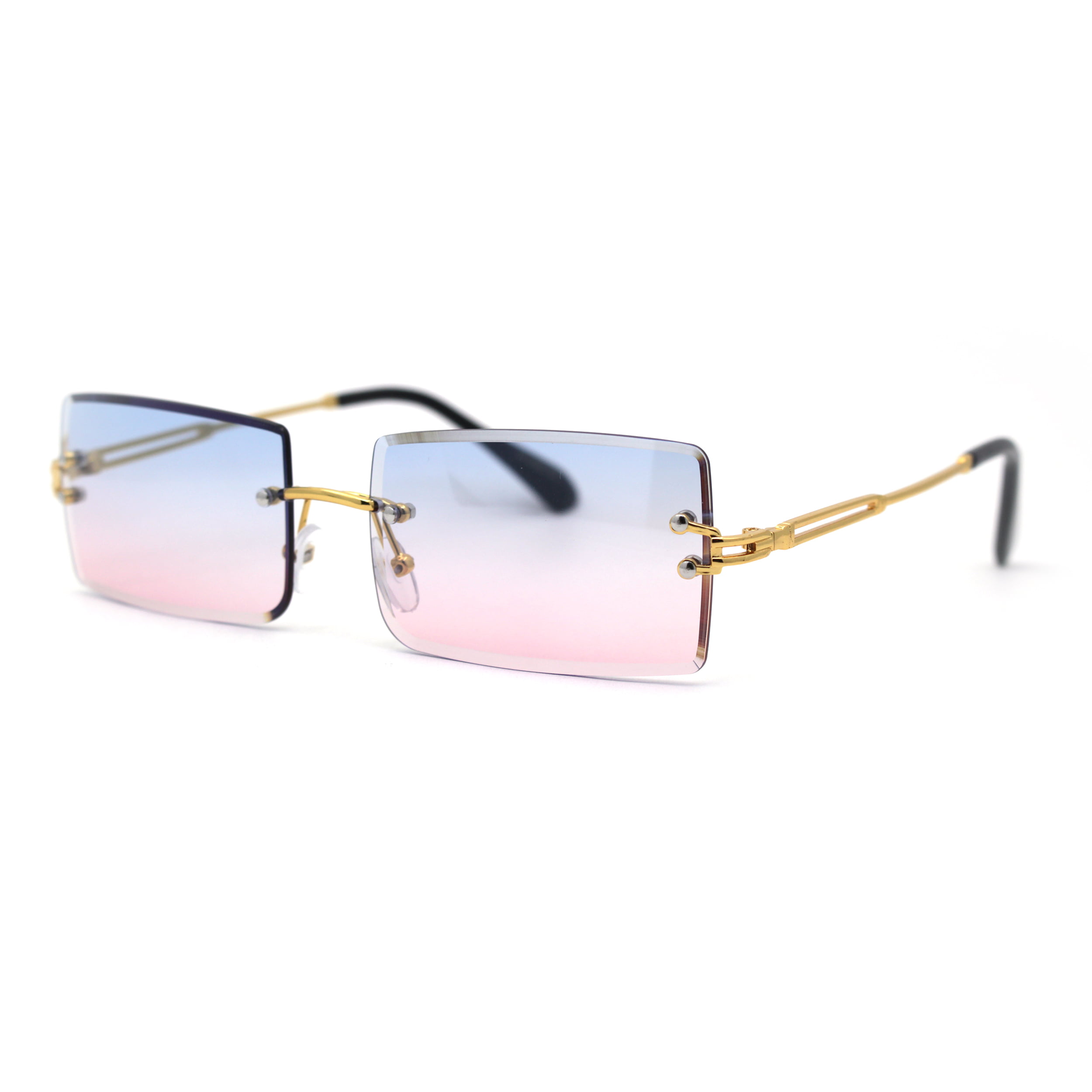 Luxury Hippie Style Rimless Bevel Rectangle Lens Sunglasses Gold Blue Pink 
