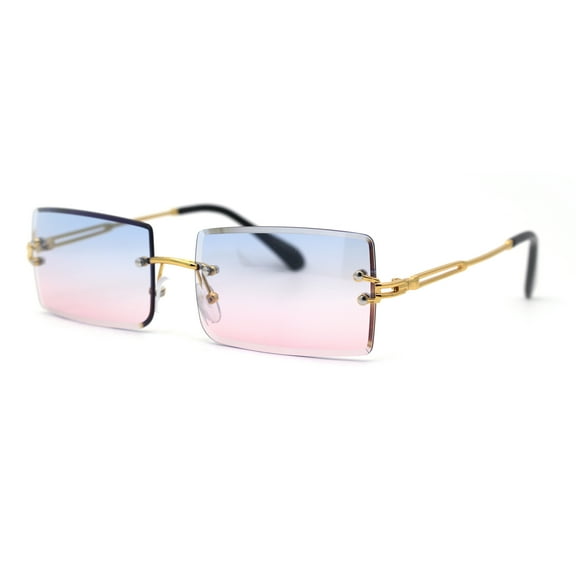 Luxury Hippie Style Rimless Bevel Rectangle Lens Sunglasses Gold Blue Pink