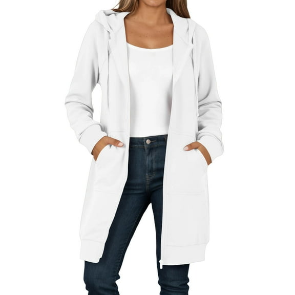 Arlun Women's Full Zipper Hoodies Loose Comfy Long Sweatshirts Casual Long Sleeve Solid Color Fall Winter Hooded Jackets Coat with Pockets White XL