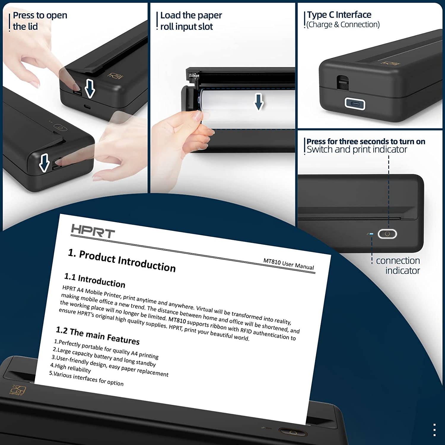 HPRT MT810 Portable Printer, A4 Wireless Bluetooth, Thermal