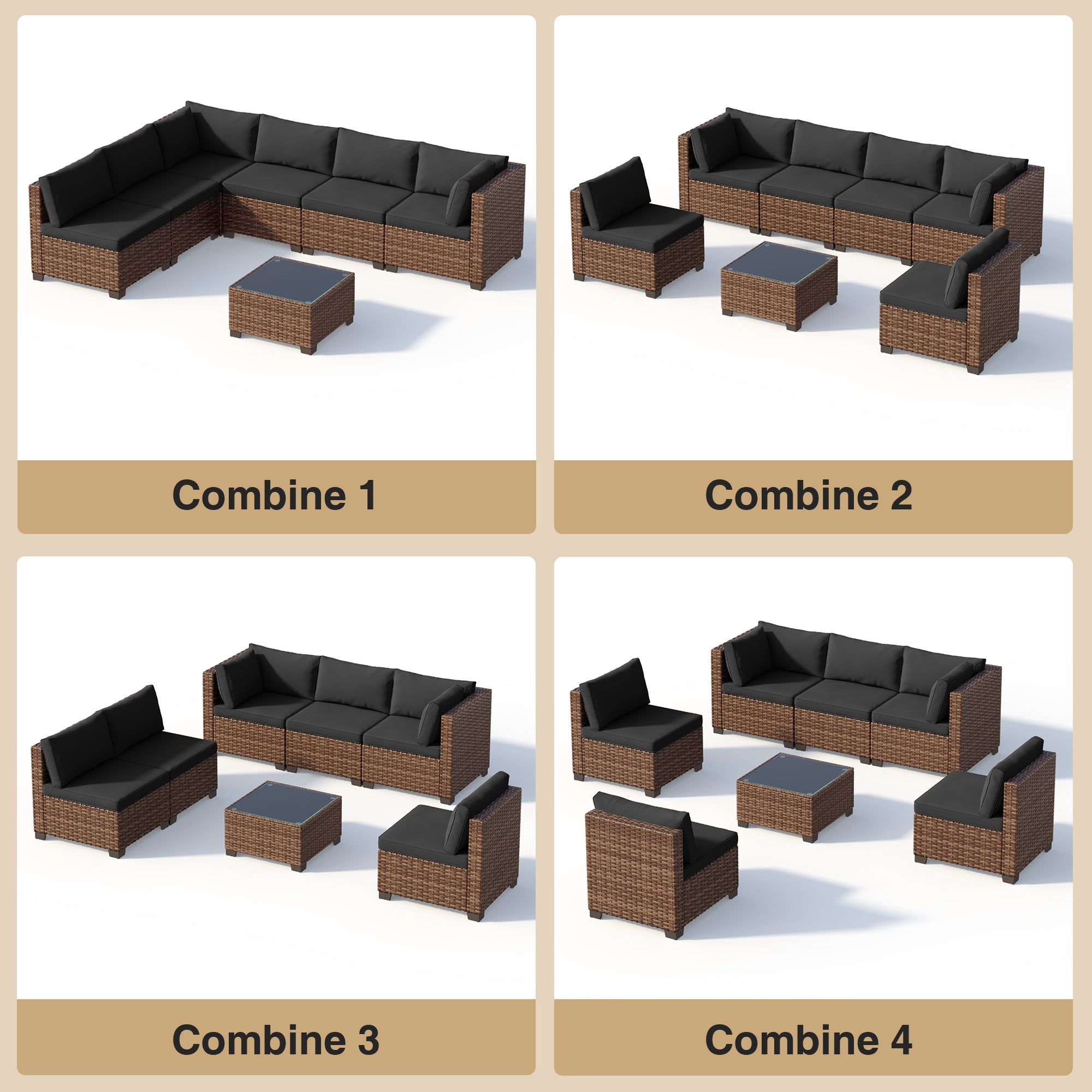 Noelse 7 Pieces Outdoor Patio Furniture Set, Wicker Sectional Sofa Set Sectional Conversation Sets with Cushions and Coffee Table for Garden, Balcony, Porch, Black
