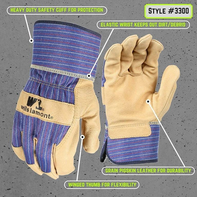 Heavy Duty Work Gloves with Leather Palm Large Wells Lamont 3300L
