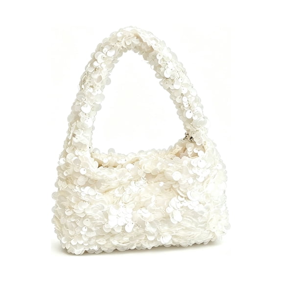Women’s White Sequin Shoulder Bag, Sparkly Hobo Handbag for Party and Evening