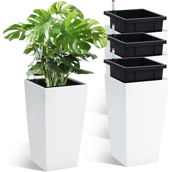QinaQin 4PC 16IN Tall Planters,Large Resin Flower Pots for Outdoor Plants with Drainage Holes＆Water Level Monitor＆Inner Bucket,White