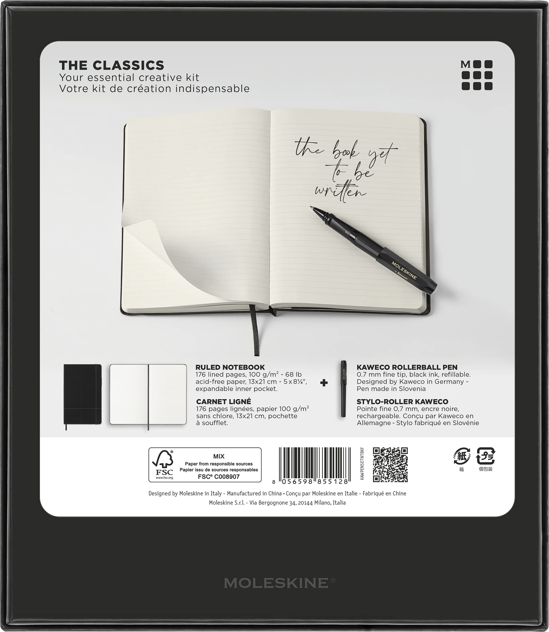Moleskine Classic Notebook & Kaweco Rollerball Pen Set, 13cm x 21cm, Black, 176 Pages, Single Pack