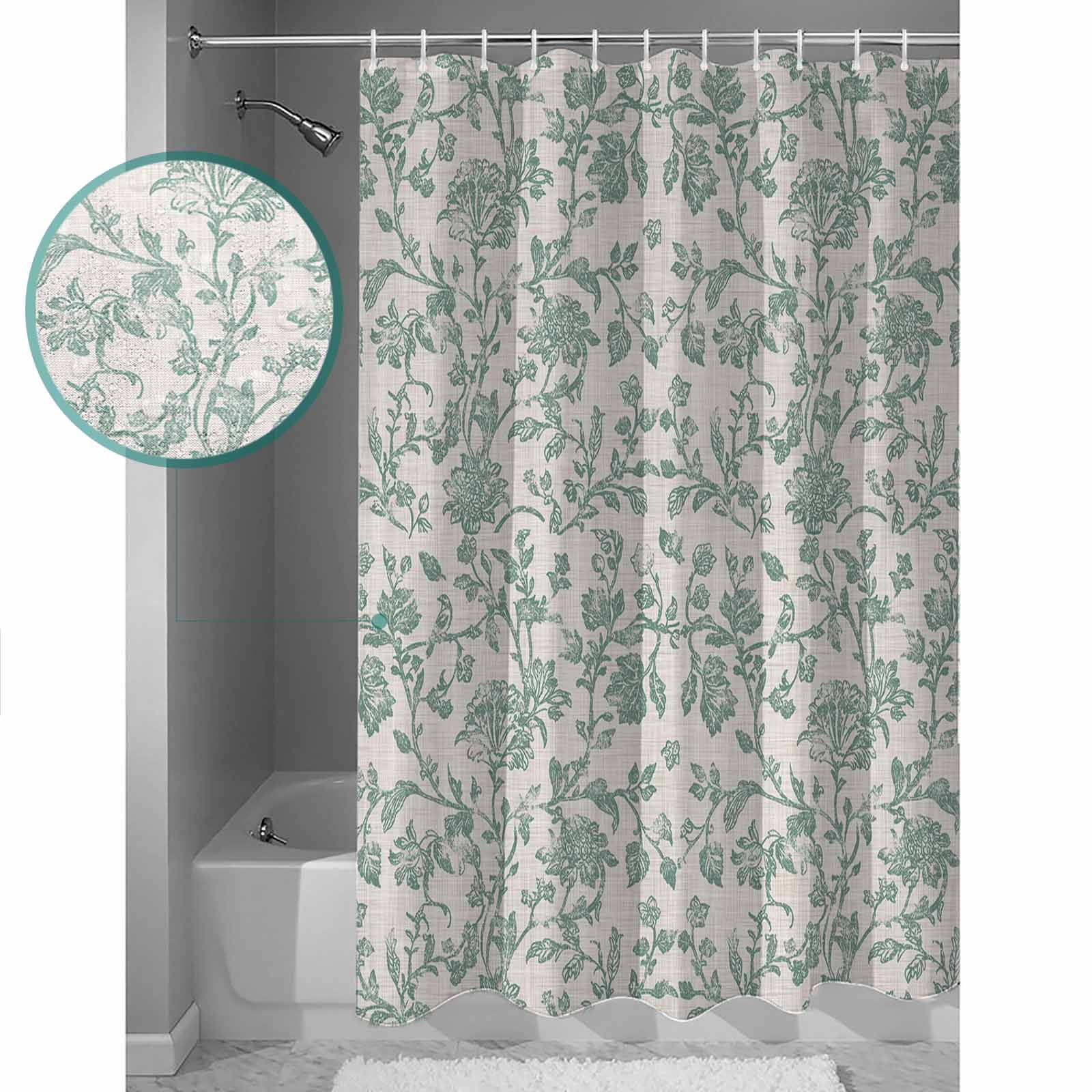 Small Stall Shower Curtain 36x72 Inch Narrow Half Size Turquoise Farmhouse Bath Curtains Bathroom Decor Vintage Flower Leaf Botanical Plant Waterproof Fabric Shower Curtain Set with Hooks 36 Inch