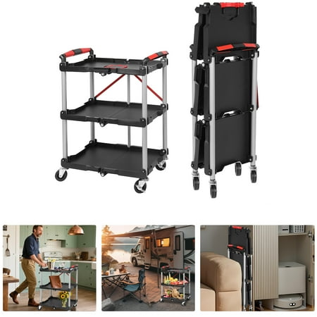 PUKNLY Foldable Heavy Duty Utility Cart with 3 Shelves - 360° Swivel Wheels & Brakes, Portable Rolling Tool Cart for Garage, Warehouse, Office & Home