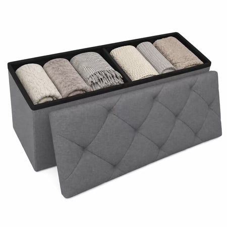 Folding Storage Ottoman Bench, 43 Inch Gray Fabric Storage Bench with Cushion Lid, Foot Rest Stool for Bedroom Entryway & Living Room