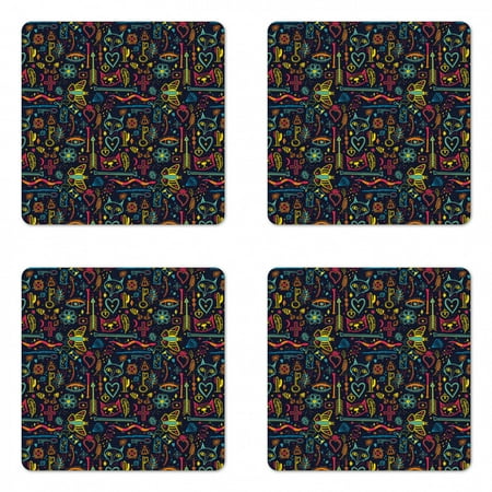 

Modern Coaster Set of 4 Halloween Magic Mysterious Symbols Fox Flowers Doodle Flowers Feather Boho Tribal Square Hardboard Gloss Coasters Standard Size Multicolor by Ambesonne
