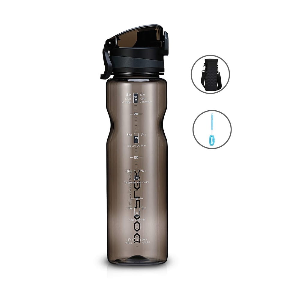 3 Lids, Hyydrate 1 Liter 32 Oz Reusable Sports Water Bottle with Time Marker 