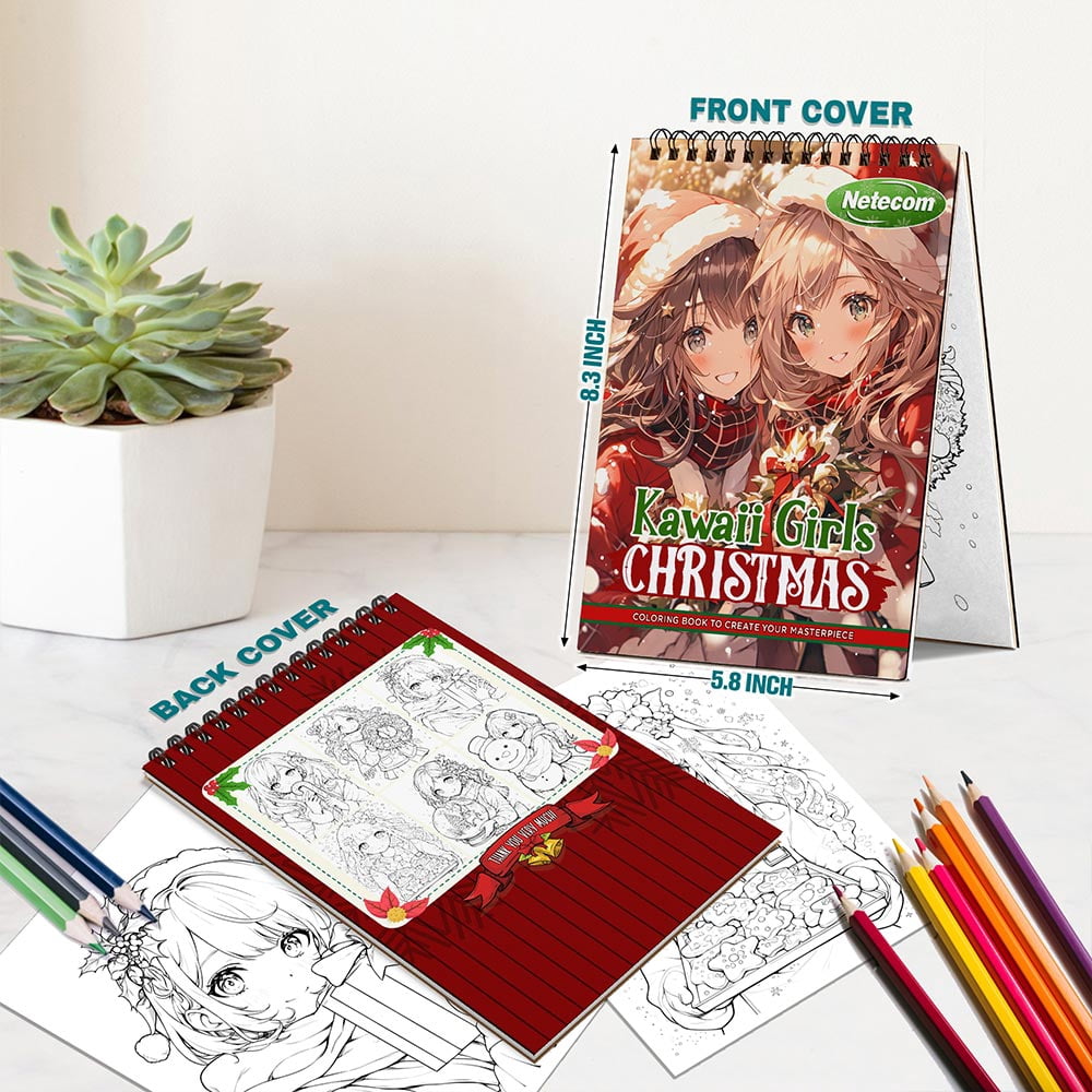 Netecom Kawaii Girls Christmas Coloring Book Spiral Bound for Adults, A5 Wooden Cover, 30 Whimsical Coloring Pages of Anime Girls Enjoying the Christmas Holiday for Stress Relief and Relaxation