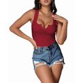 thumbnail image 3 of Women'S Summer Sleeveless Tops Ribbed Knit Notched V Neck Fitted Tank Shirts Red M, 3 of 9
