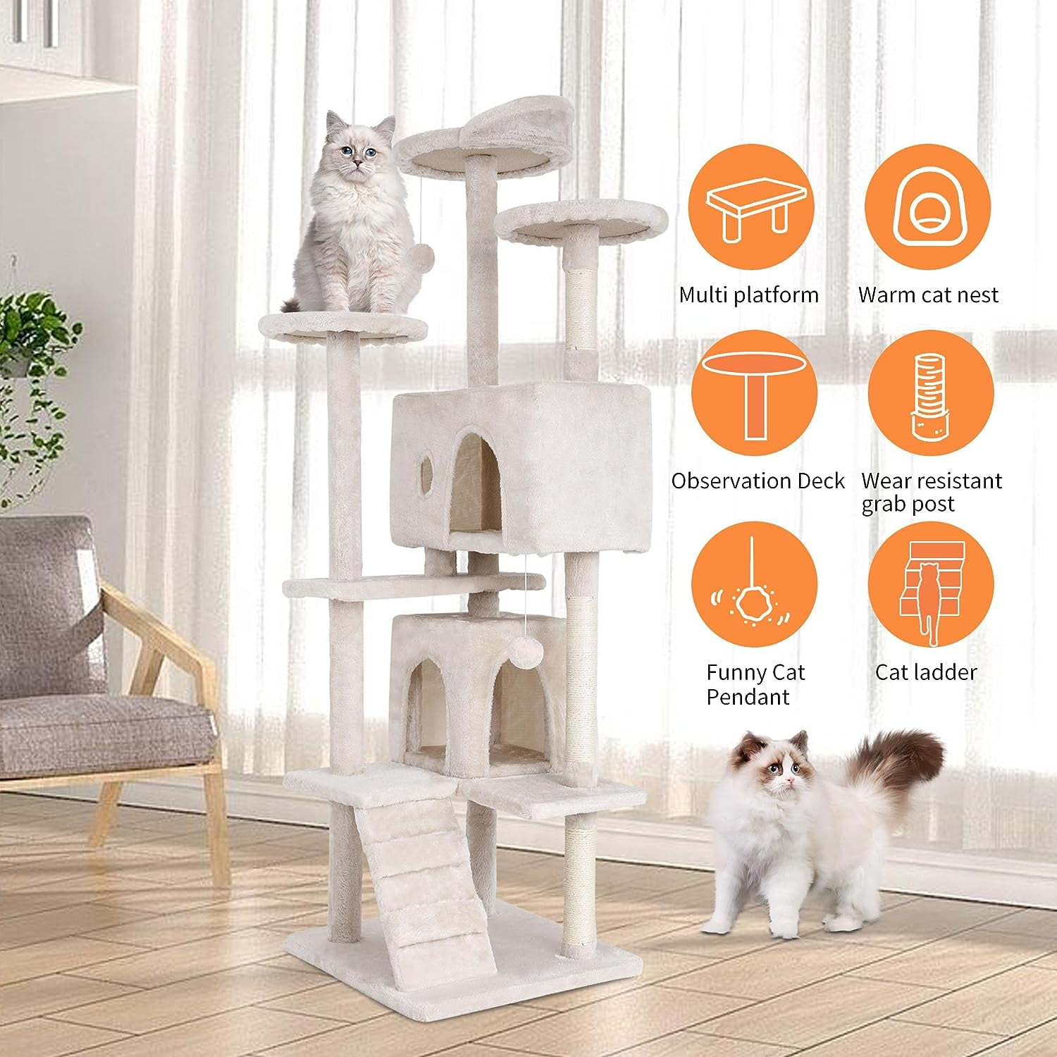 NiamVelo 70 inch Cat Tree Tower Furniture Cat Condo with Scratching Post for Indoor Kittens, Beige