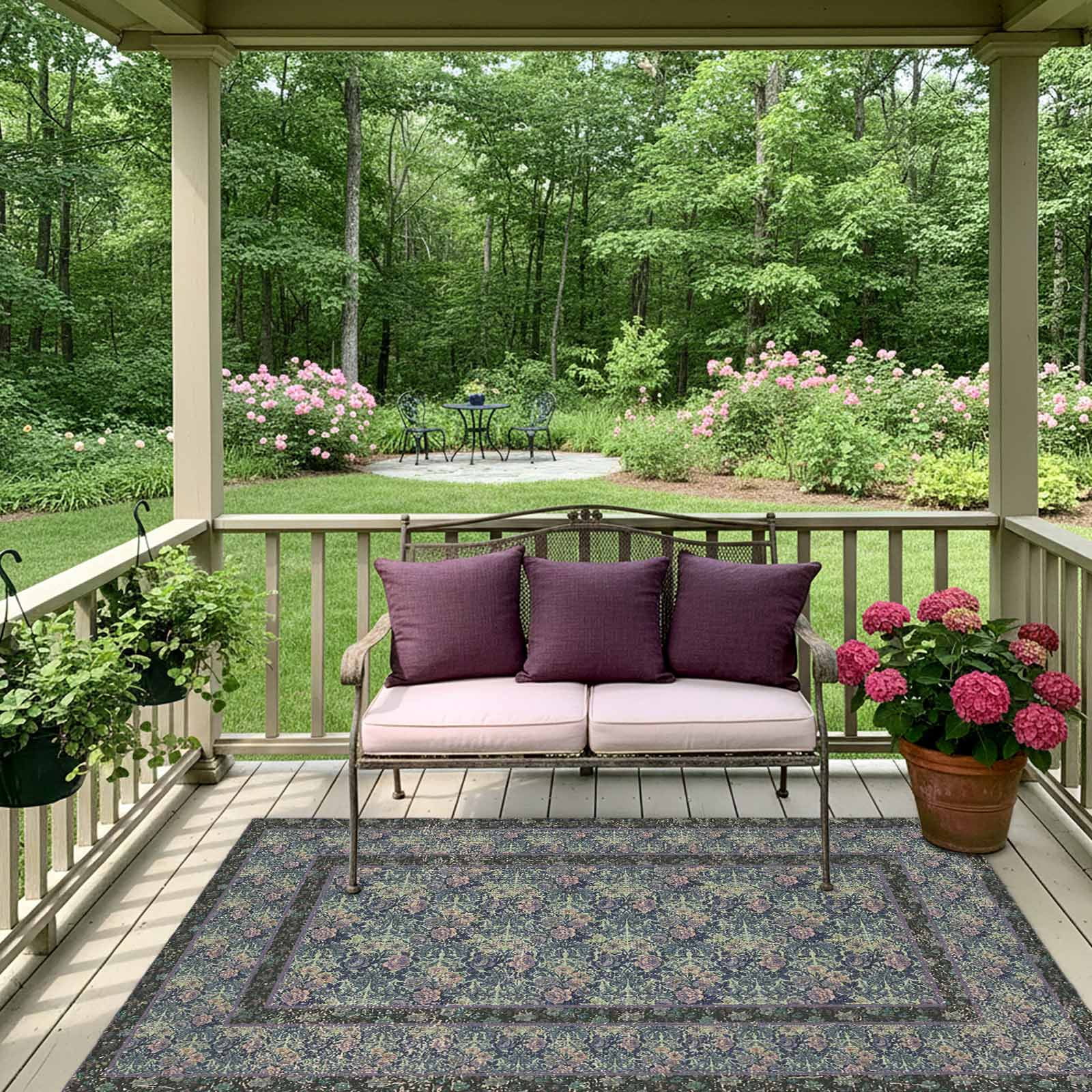 Outdoor Rug 5x8ft Boho Blue Flowers Large Area Rug Vintage Ethnic Style Texture Indoor Outdoor Carpet Outdoor Rugs Mats for Patio Camping,RV,Front Door, Outside Decor