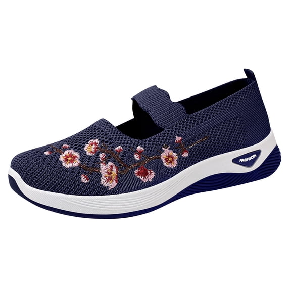 Havenx Flower Embroidered Knitting Mesh Flat Loafers for Women Non Slip Breathable Comfortable Slip on Orthopedic Tennis Shoes Fashion Cute Lightweight Casual Walking Shoes,Blue 43