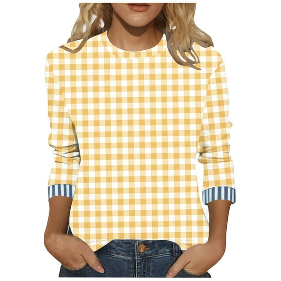 LEKWK Cute Sweatshirts for Women Regular Fit Crew Neck Long Sleeve Shirts Regular Fit Gingham Plaid Pattern Sweatshirts Striped Trim Cuffs Daily School Outfits
