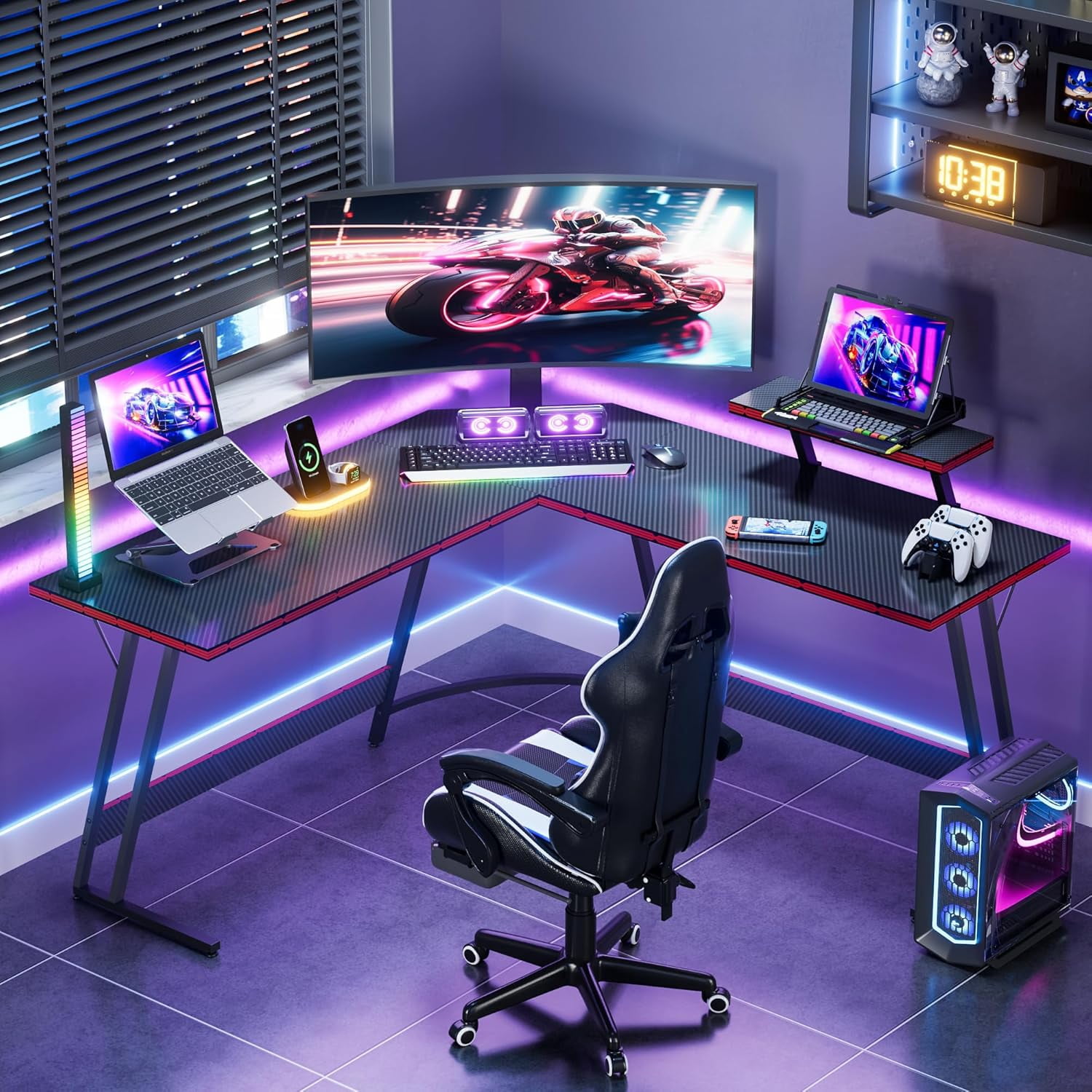 MorandiMal L Shaped Gaming Desk Computer Corner Desk PC Gaming Desk Table with Large Monitor Riser Stand for Home Office Sturdy Writing Workstation (Black, 51 Inch)