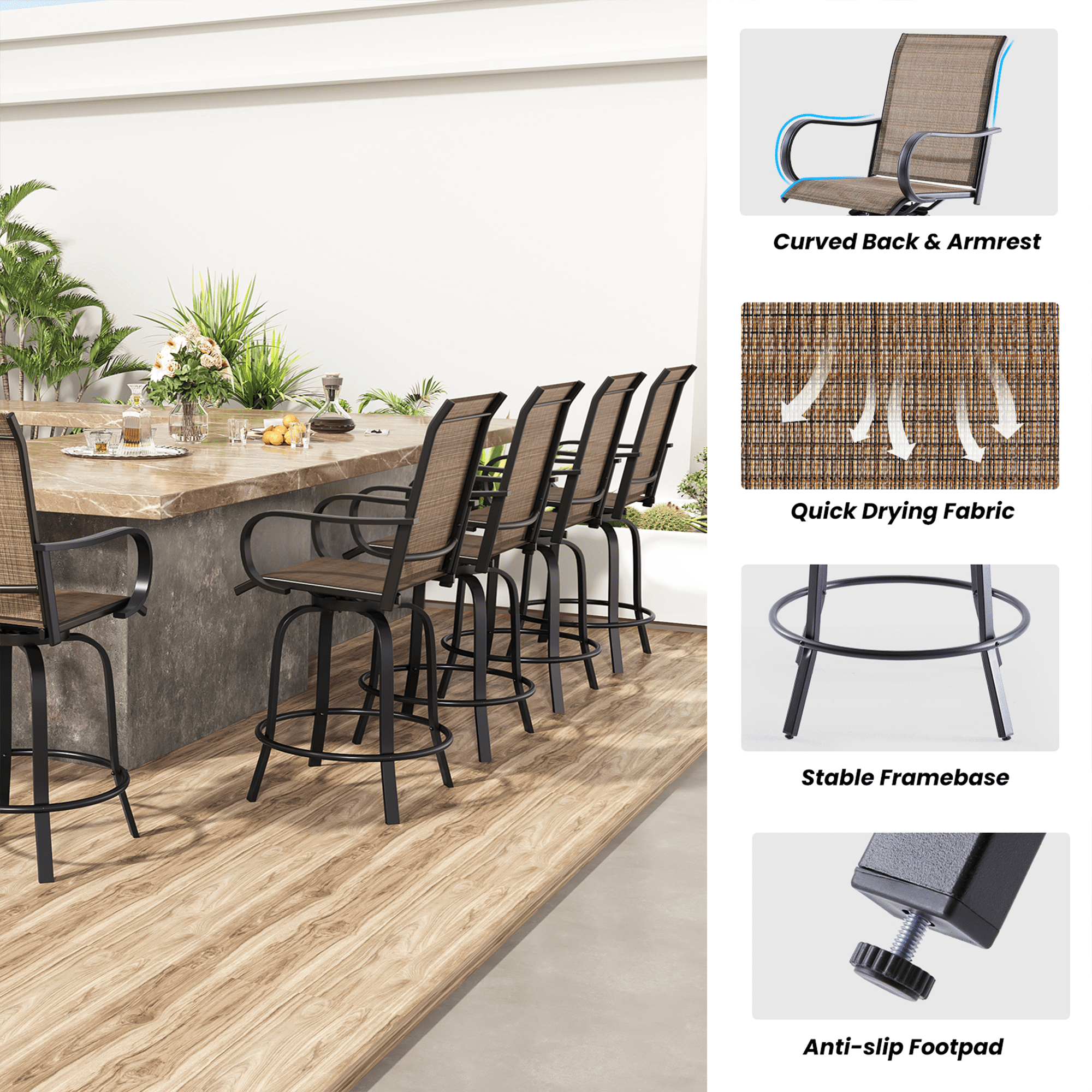MAYEERTY 4-Piece Outdoor Bar Height Tall Stools Set,Textilene,360°Swivel, Ergonomic for Balcony, Brown