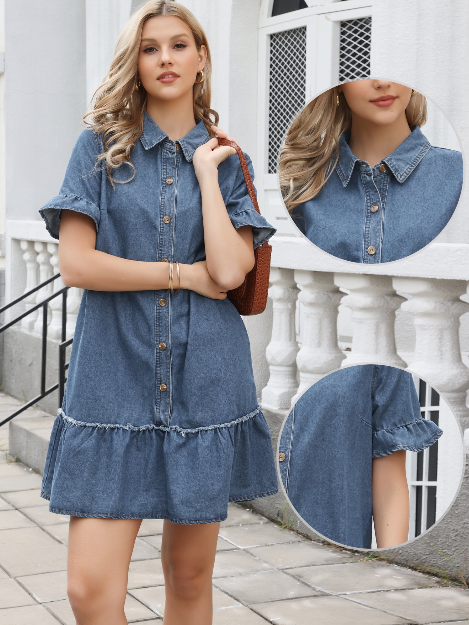 DARING DIVA Women's Babydoll Ruffle Short Sleeve Denim Mini Dress XS Blue