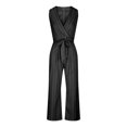 thumbnail image 3 of Ladies Jumpsuit Elegant Sleeveless V Neck Playsuits Halter Romper Loose Fit Summer Wide Leg Overalls with Belted Pockets Women Casual Striped Dungarees for Party Holiday, 3 of 5
