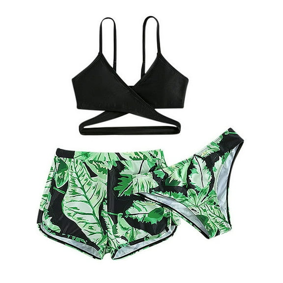 WIBACKER Tween Girl's 3 Piece Swimsuits V-Neck Criss Cross Bikini Bathing Suit with Beach Shorts