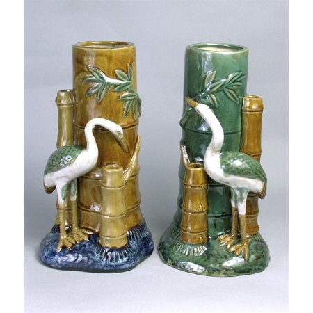 Majolica Styled Porcelain Vases w Cranes & Bamboo - One Pair