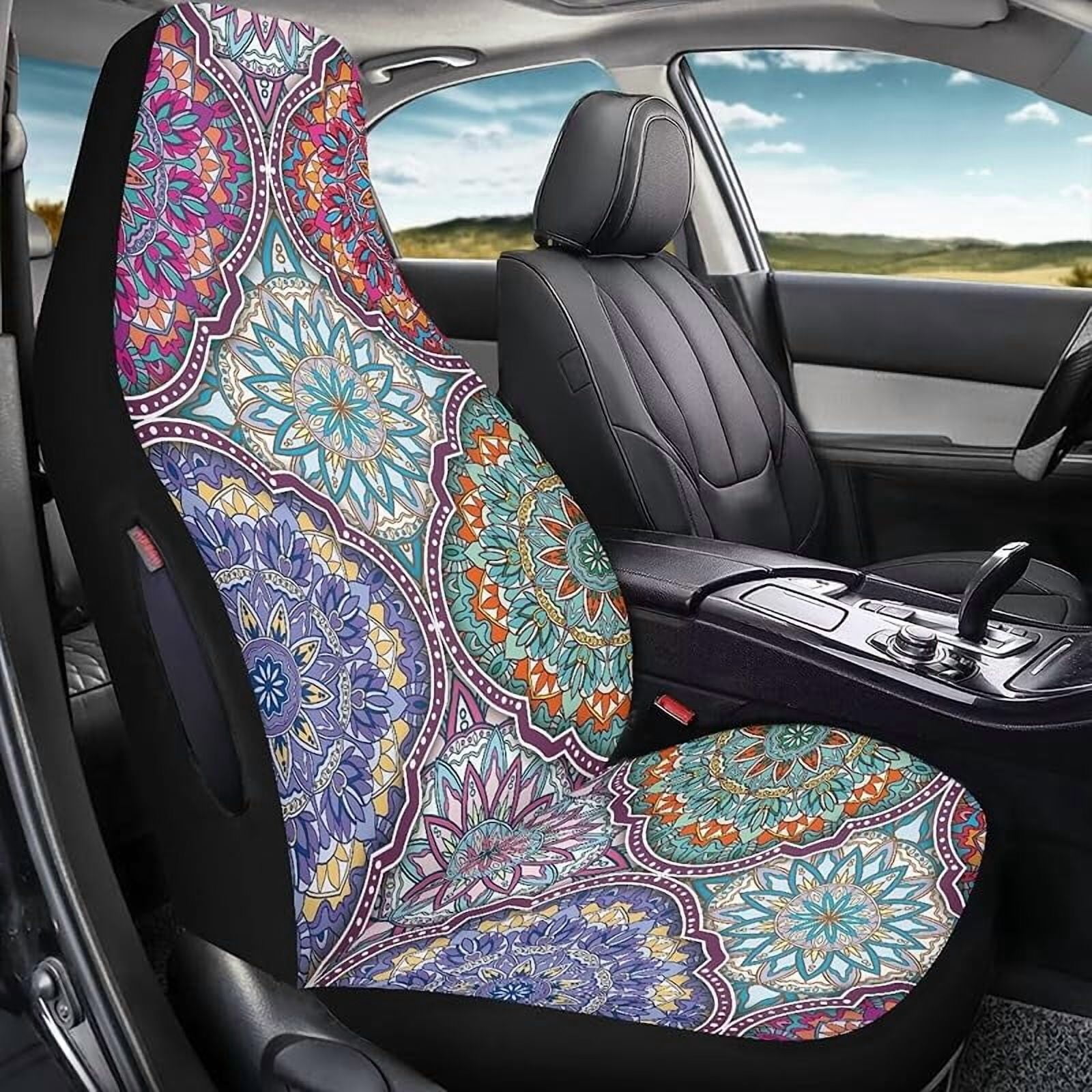Waterproof Car Front Seat Cover Set Boho Mandala Floral Pattern Driver Seat Cover Comfort Front Bucket Seat Cover,Auto Interior Decoration,2 Pack,Airbag Compatible