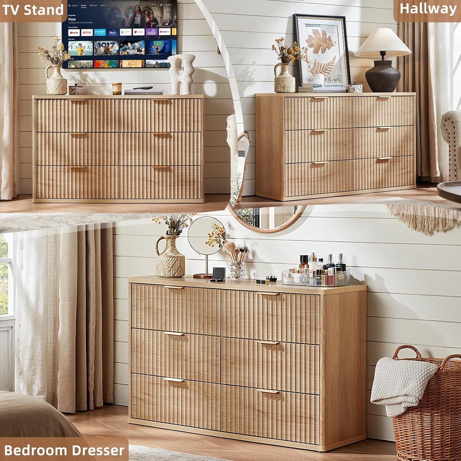 6 Drawer Dresser for Bedroom, 48" Width Fluted Wood Chest of Drawer with Golden Embedded Handles for Living Room, Natural Oak
