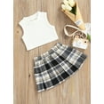 thumbnail image 3 of Faithtur Toddler Girl Fashion Outfits Set, Solid Color Ribbed Sleeveless Tank Tops + Elastic Waist Contrast Color Plaid Pleated Skirt, 3 of 9