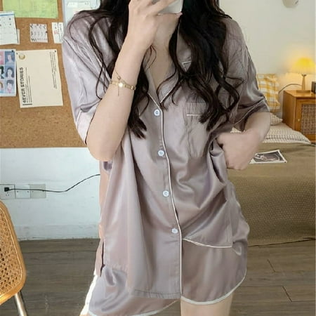 

DanceeMangoo Women Sleepwear Summer Pajamas Set for Women Fake Silk Print Sweet Pijama Set Girl Nightgown Loose Waist Short Pant Silk Pajamas