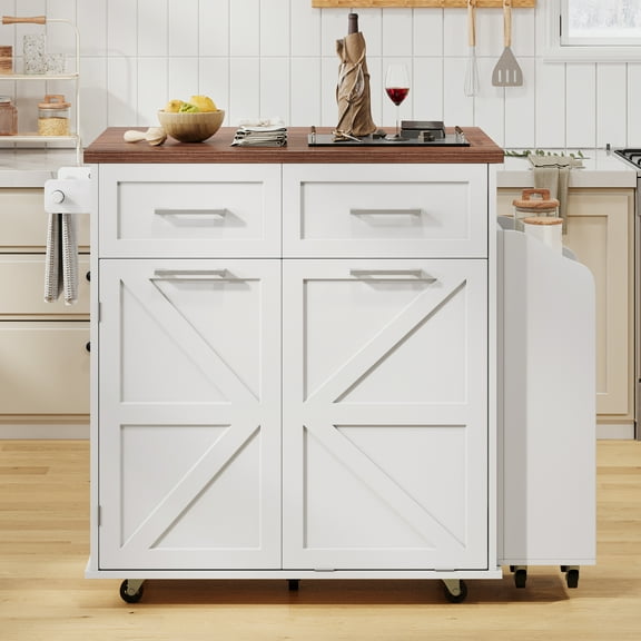 TesNus 47.2 Inch Farmhouse Kitchen Island Cart with Drop Leaf Storage Drawers and Wheels in White for Kitchen