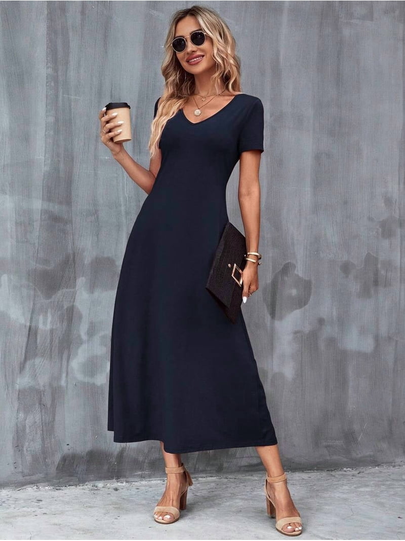 flowy navy blue dress V-Neck Short Sleeve A-Line Midi With Pockets, Casual Elegant Dress For Women Color:Zebra Great for any cup GeneralColour: Silver Special Long Black Cupcake