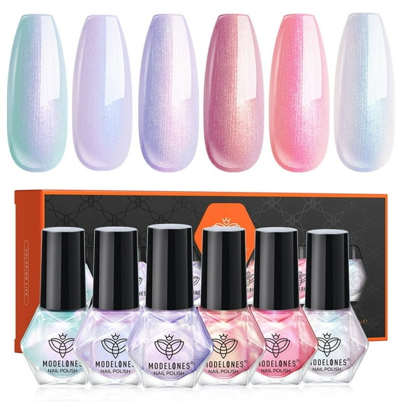 Modelones Nail Polish Set, 6 Colors Chrome Nail Polish 2025 Spring Pearl Shimmer Pink Purple White Aurora Iridescent Green Quick Dry Nail Polish Kit Easter Gifts for Women Salon DIY Manicure Kit