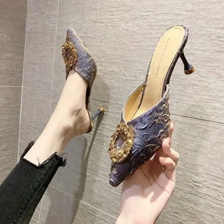 

Blue Pointed Toe Mules Stiletto Sandals Woman Slippers Outside Rhenstone Heeled Job Slides Shoes for Women I H Sandal G Unique B
