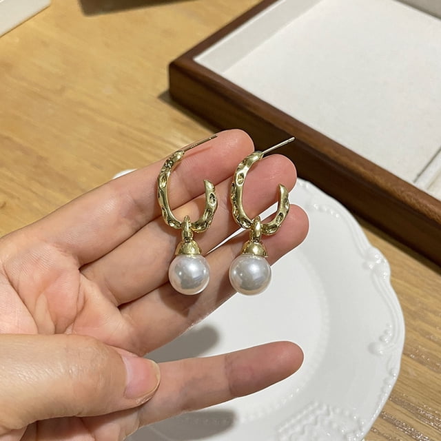 Pendientes ovalados de oro con perlas para mujer Pendientes geométricos exagerados de alta gama Pendientes de moda