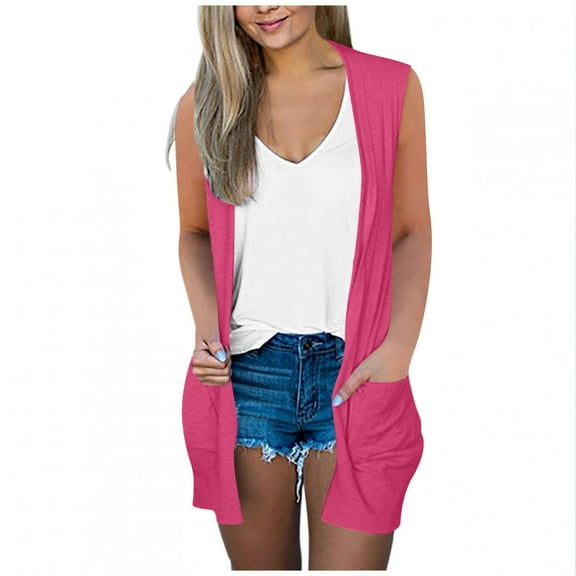 ZQGJB Lightweight Cardigan Tops for Women Casual Sleeveless Open Front Draped Long Tuni Vest Shirts with Side Pockets Hot Pink XXL