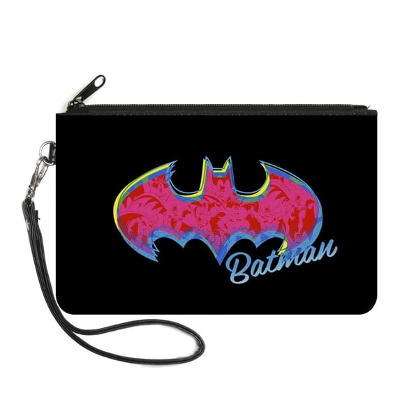 DC Comics Wallet, Zip Clutch, Batman Icon Batman Pose Fill Black Yellows Blues Pinks, Canvas