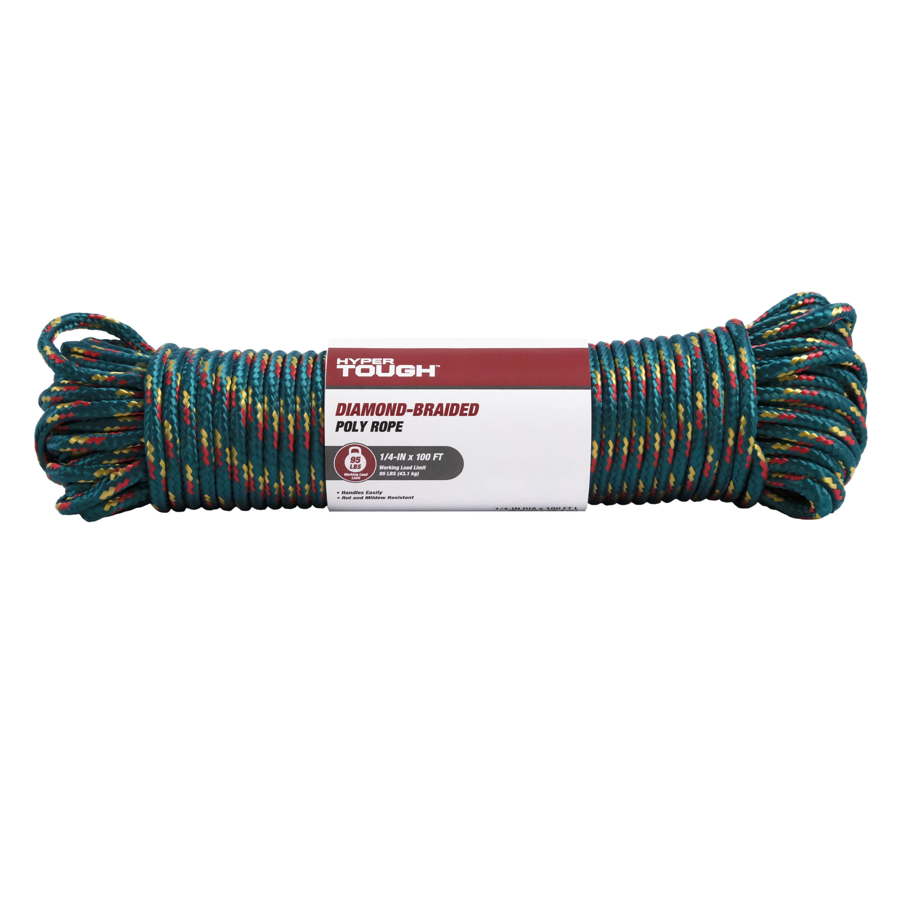 Hyper Tough 100' x 1/4" Diamond Braided Poly Rope, Multi-Color