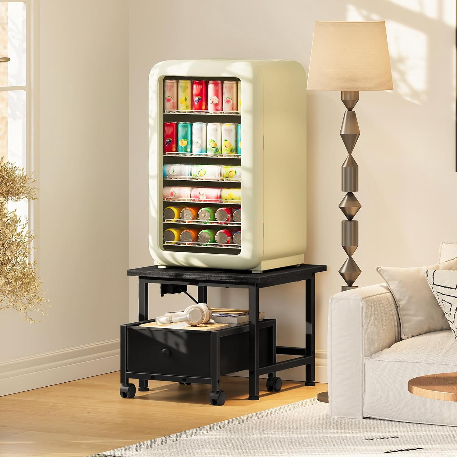 Mini Fridge Stand with Non-Woven Storage Basket and Power Outlet, Mobile Fridge Shelf for Home Apartment Dorm Black