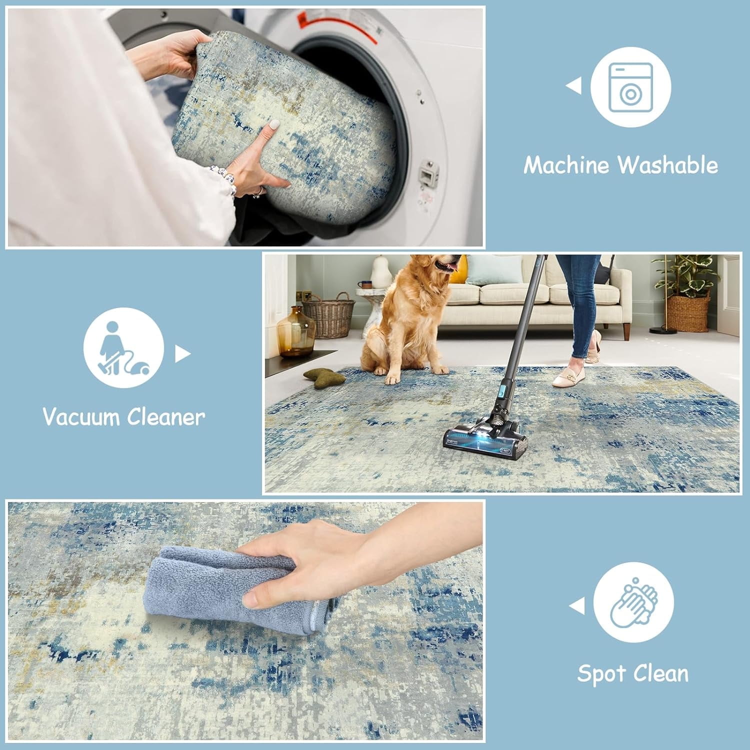 Moynesa 2'x3' Modern Abstract Area Rug,Blue Washable Small Front Door Rug for Entryway Mat Contemporary Faux Wool Non-Slip Soft Floor Indoor Carpet for Living Room Kitchen Bathroom RV