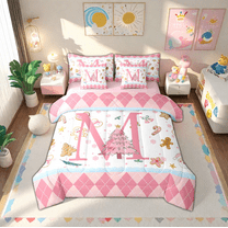 Manfei Personalized Xmas Gifts 7-Piece Twin Bedding Sets,Pink Letter M Bedding Comforter Set,Christmas Dessert Candy Cnae Sheet Sets For Princess,Lightweight Room Decoration Reversible