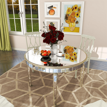 KEAIDO 47.24" Round Glass Dining Table, Kitchen Table with Mirrored Top and Gold Geometric Base for Dining Room Kitchen, Silver