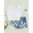 thumbnail image 2 of Faithtur Toddler Girls Summer 2PCS Outfit Sets White Ruffle Sleeve Ribbed Tops + Daisy Print Denim Shorts, 2 of 8