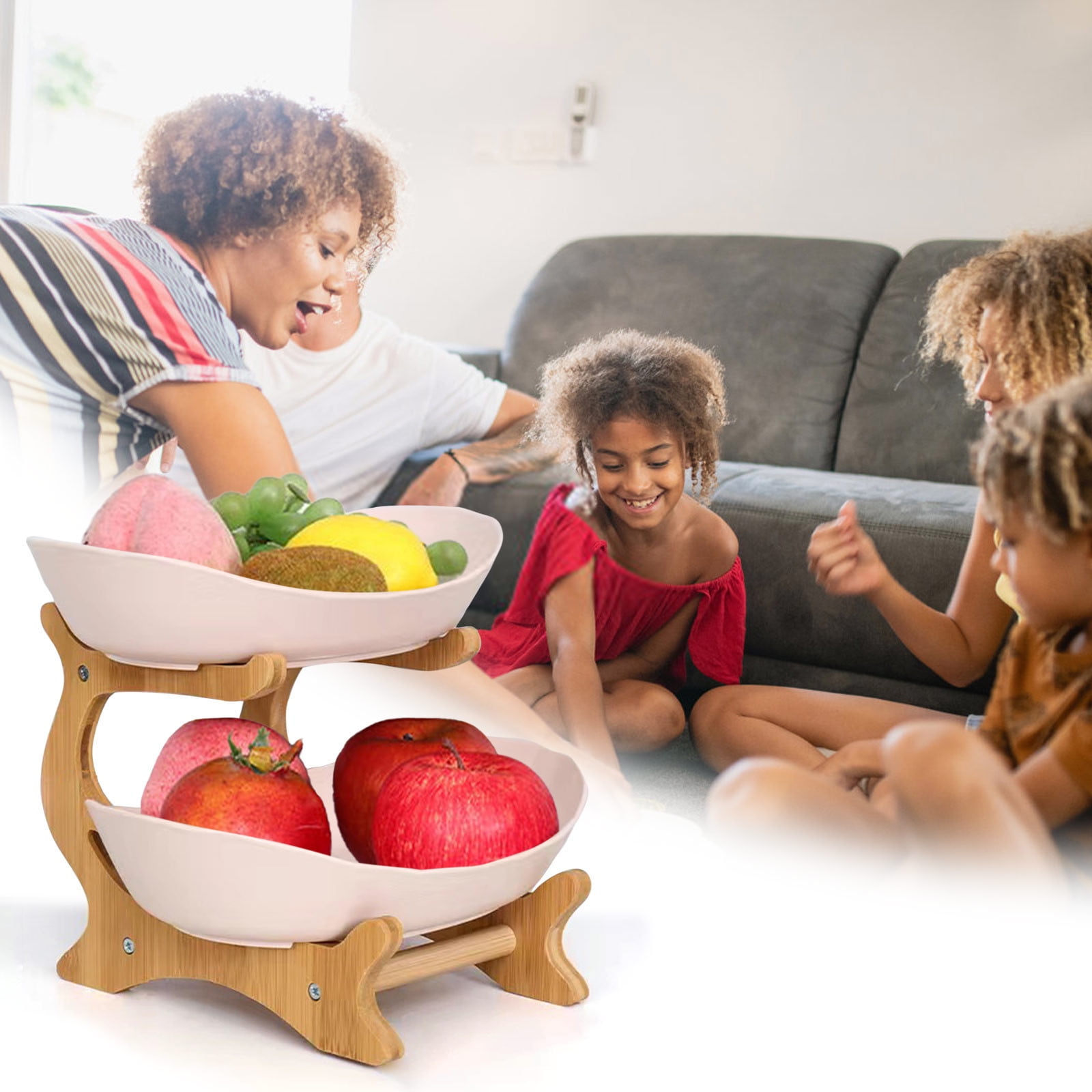 Tiitstoy Fruit Basket for Kitchen Counter, with Wood Holder, 3/2/1 Tiered Large Capacity Fruit Basket Oval Tiered Fruit Bowl Set for Kitchen Counter, Parties, Gatherings, Restaurant, Family Events