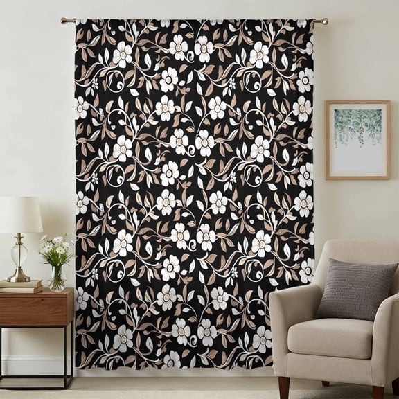 Black White Floral Sheer Curtains 63 Inches Long, Farmhouse Vintage Botanical Leaves Light Filering Curtains, Breathable Simi Curtain Privacy Drapes for Living Room Bedroom Window Treatment