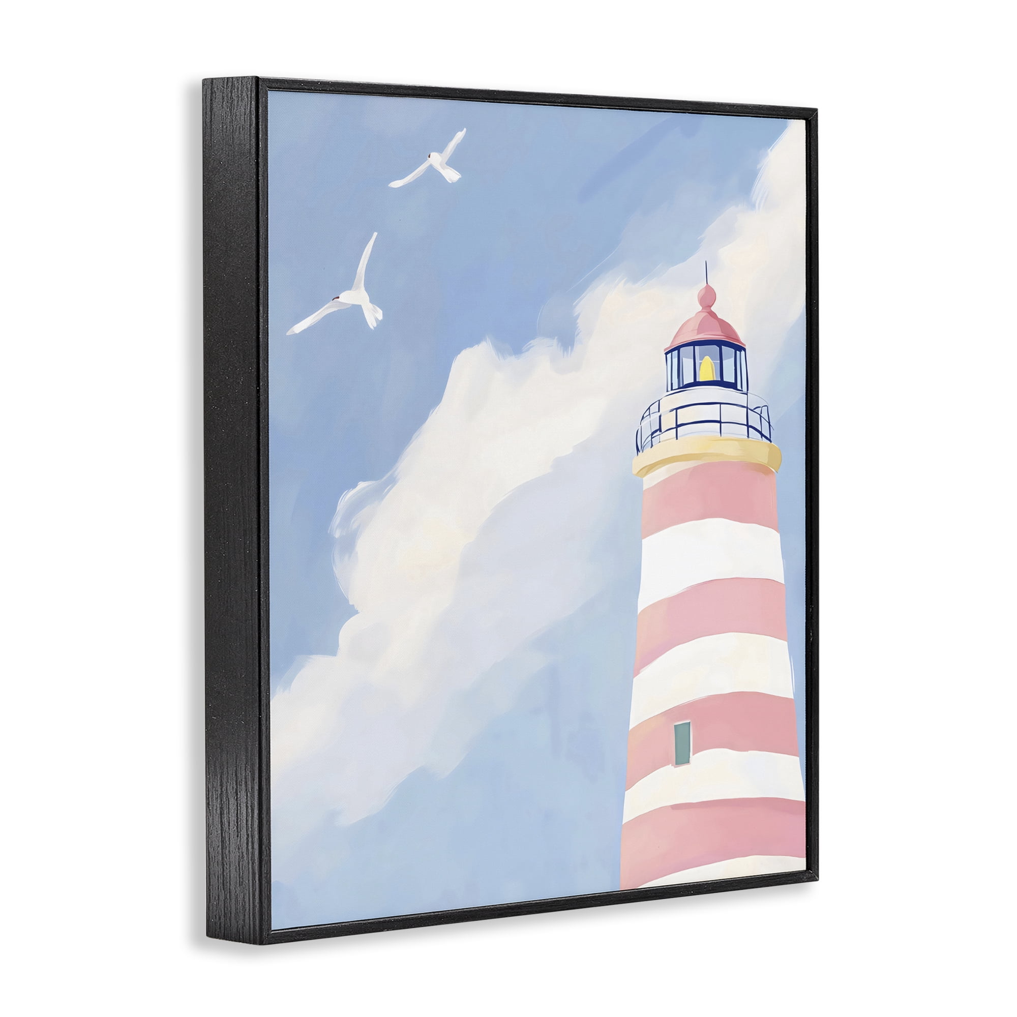 Stupell Industries Striped Lighthouse with Seagulls Black Framed Giclee Art, design by The Prints Vibe