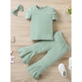 thumbnail image 2 of Franhais Toddler Long Pants Outfits, Solid Color Short Puff Sleeve T-Shirt + Elastic Flare Pants + Bow-Knot Hairpin Set, 2 of 9