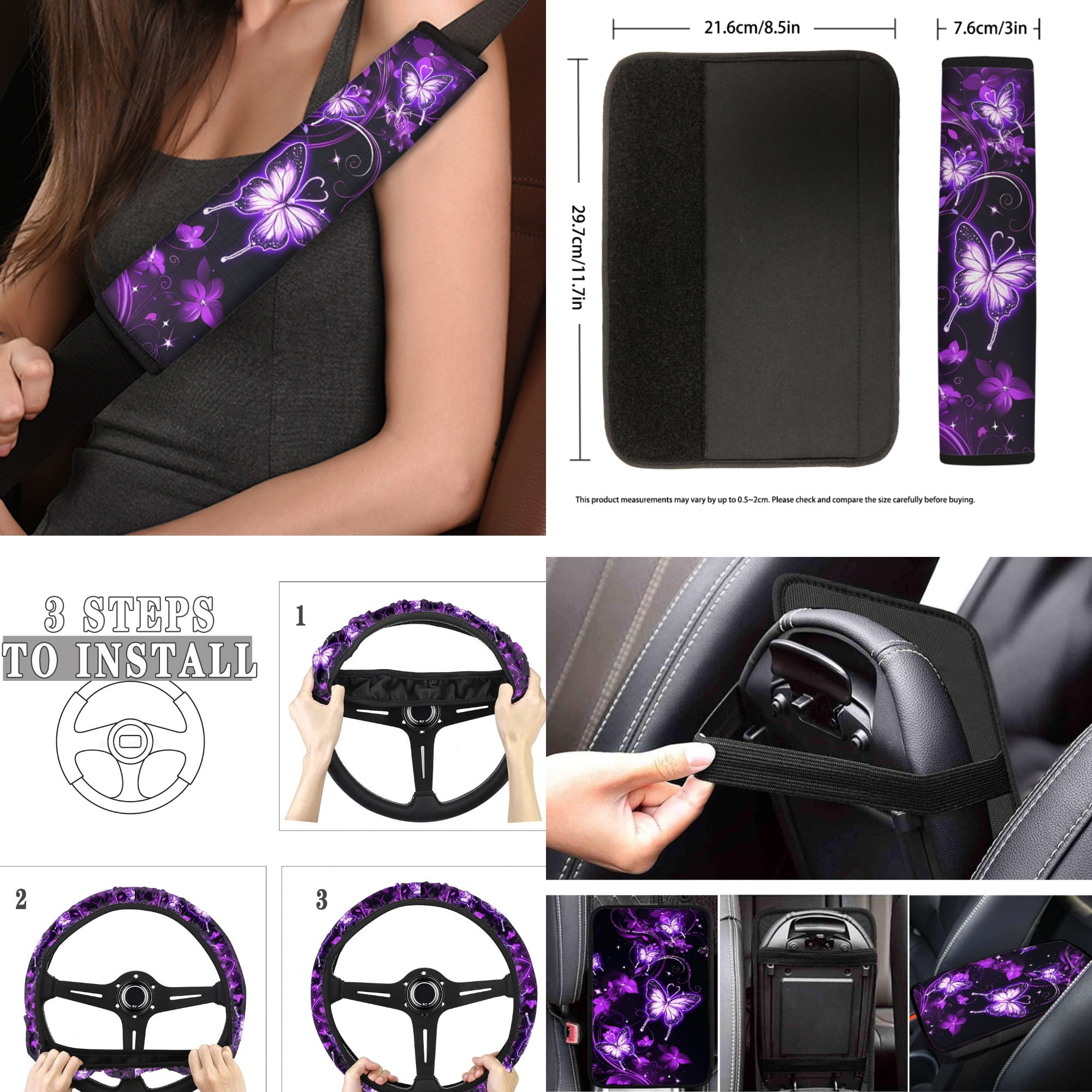 Jeiento Butterfly Car Seat Cover Full Set Car Floor Mats Steering Wheel Cover Seatbelt Pad Armrest Cover Coaster Keychains Chapstick Holder 17 Pack Auto Interior Accessories, Purple