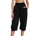 thumbnail image 2 of Cotton Linen Capri Pants for Women Lightweight Elastic Waist Loose Fit Wide Leg Cropped Pants with Pockets Womens Capris, 2 of 5
